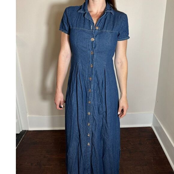 Vintage Blue 100% Cotton Made in USA Denim Maxi Dress Size 4 - Picture 1 of 9